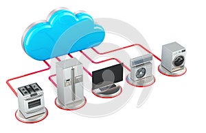 Server communication with kitchen and domestic appliance. Computer cloud with household equipment. 3D rendering