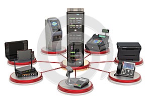 Server communication with trading, banking and offices equipment`s concept. 3D rendering