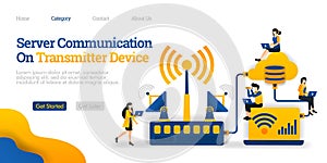 Server Communication on Transmitter Device. transmitter distributes data from database. Vector flat illustration concept, ads