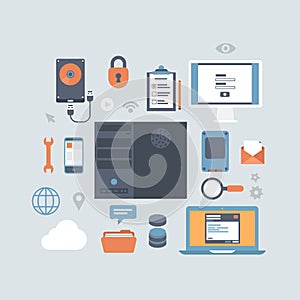 Server computing hosting modern flat style equipment icon set