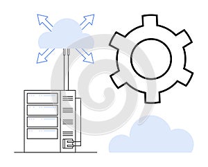 Cloud Computing Server with Data Flow Arrows and Gear Symbolizing Configuration and Technology