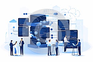 Server data center concept with people and computer server storage technology in flat style illustration. Generative ai