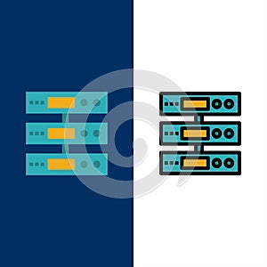 Server, Data, Storage, Cloud, Files  Icons. Flat and Line Filled Icon Set Vector Blue Background