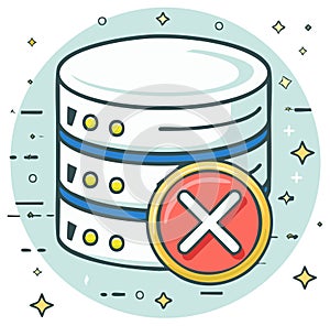 Server database storage system with red cross mark indicating data error or rejection