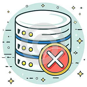 Server database storage system with red cross mark indicating data error or rejection