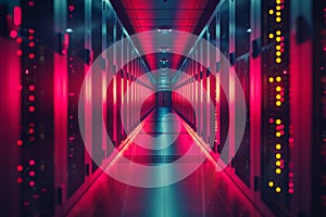 Server in datacenter. Cloud computing data storage. technology background