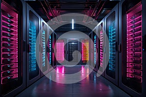 Server in datacenter. Cloud computing data storage. technology background