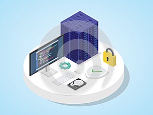 Server defended by shield with padlock. Server security concept isometric 3d design modern flat style
