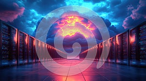 A server farm under a dramatic sunset sky