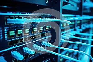 server with fiber optic cables in a data center. 3d rendering, Network cables connected into switches. Ethernet router in data