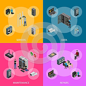 Server Hardware Banner Set Isometric View. Vector