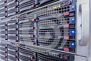 Server hardware is a close-up. Computer data storage systems. The hosting platform for multiple websites. Powerful computing