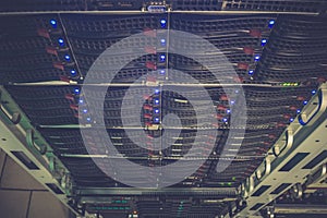 Server hardware installed in racks data center. View from above. lot of computer equipment for storing large amounts of