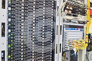 Server hardware installed in the server room racks. Computing center of the Internet provider. Modern Data Center