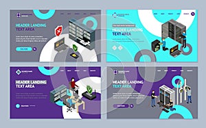 Server Hardware Landing Web Page Template Set Isometric View. Vector