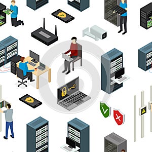 Server Hardware Seamless Pattern Background Isometric View. Vector