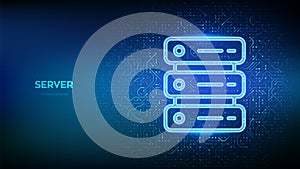 Server icon. Computer server and data storage background. Server hosting. Database storage. Data center. Circuit board pattern.
