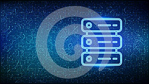 Server icon. Computer server and data storage background. Server hosting. Database storage. Data center. Circuit board pattern.