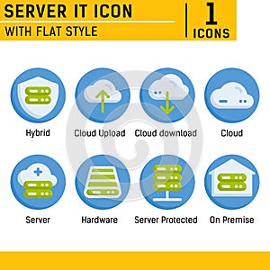 Server IT icon set contains such icons as cloud, hybrid, server, hardware, on premise and other. Server IT icon with flat style