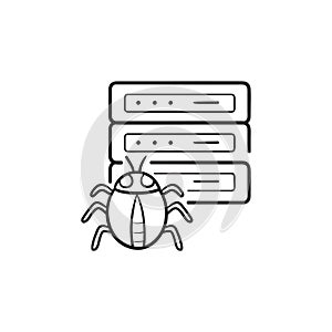 Server infected by malware with bug hand drawn outline doodle icon.