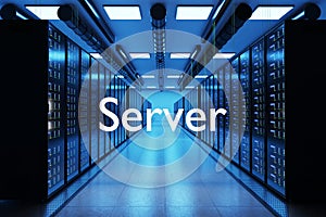 Server logo in large modern data center with multiple rows of server racks, 3D Illustration