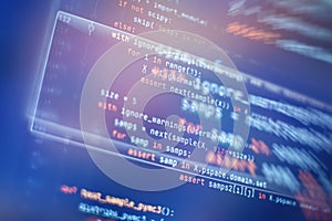 Server logs analysis. Closeup developing programming and coding technologies. Developer working on web sites codes in office