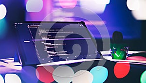 Server logs analysis. Closeup developing programming and coding technologies. Developer working on web sites codes in