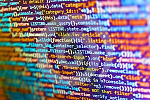 Server logs analysis. Website HTML Code on the Laptop Display Closeup Photo. Software source code.