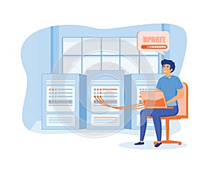 Server maintenance concept. Man working at server rack hardware room, updates and optimization computer systems.