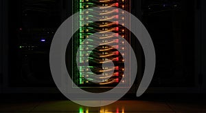 Server Rack with Blinking Green and Red Lights, Data Center Technology Background
