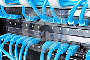 Server rack with blue cables