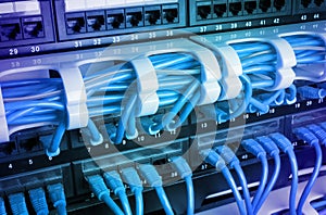 Server rack with blue cables