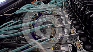 Server rack close up. Modern datacenter. Data Network Hardware Concept. 4K.