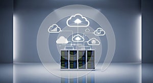 Server rack with cloud computing network visualization in modern data center environment