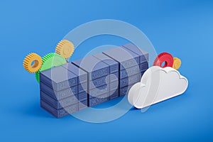 Server rack and cloud storage, cyberspace and gears