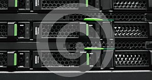 Server rack cluster in a data center. Supercomputer. Network servers in a data center