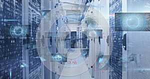 Server rack corridor extending in data center, with blinking LEDs, network cables and code overlay