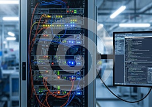 Server rack in a data center, featuring multiple units with