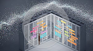 Server rack data flow visualization with digital information stream and network connection
