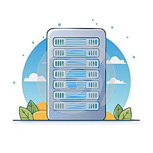 Server Rack with Data Processing System Illustration Depicting Internet Infrastructure and Cloud Computing Technology