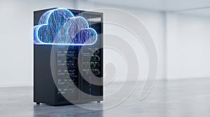Modern server rack with glowing cloud data network visualization inside room