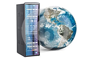 Server Rack with Earth Globe. Global internet concept, 3D render