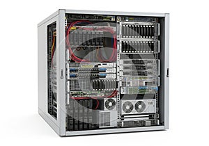A server rack filled with various networking and computing equipment