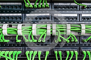 Server rack with green cables