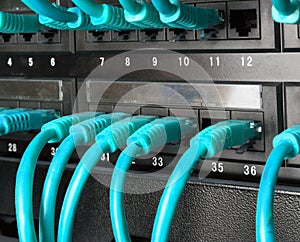 Server rack with green cables