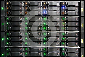 Server rack with hard drives.