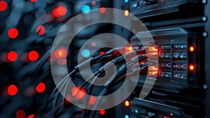 A server rack with multiple black cables plugged into it.