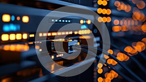 A server rack with a network cable plugged into it.