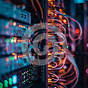Server Rack with Network Cables and Connections