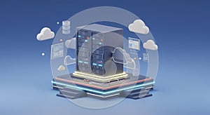 Server Rack on Platform with Clouds Data Storage Illustration Concept